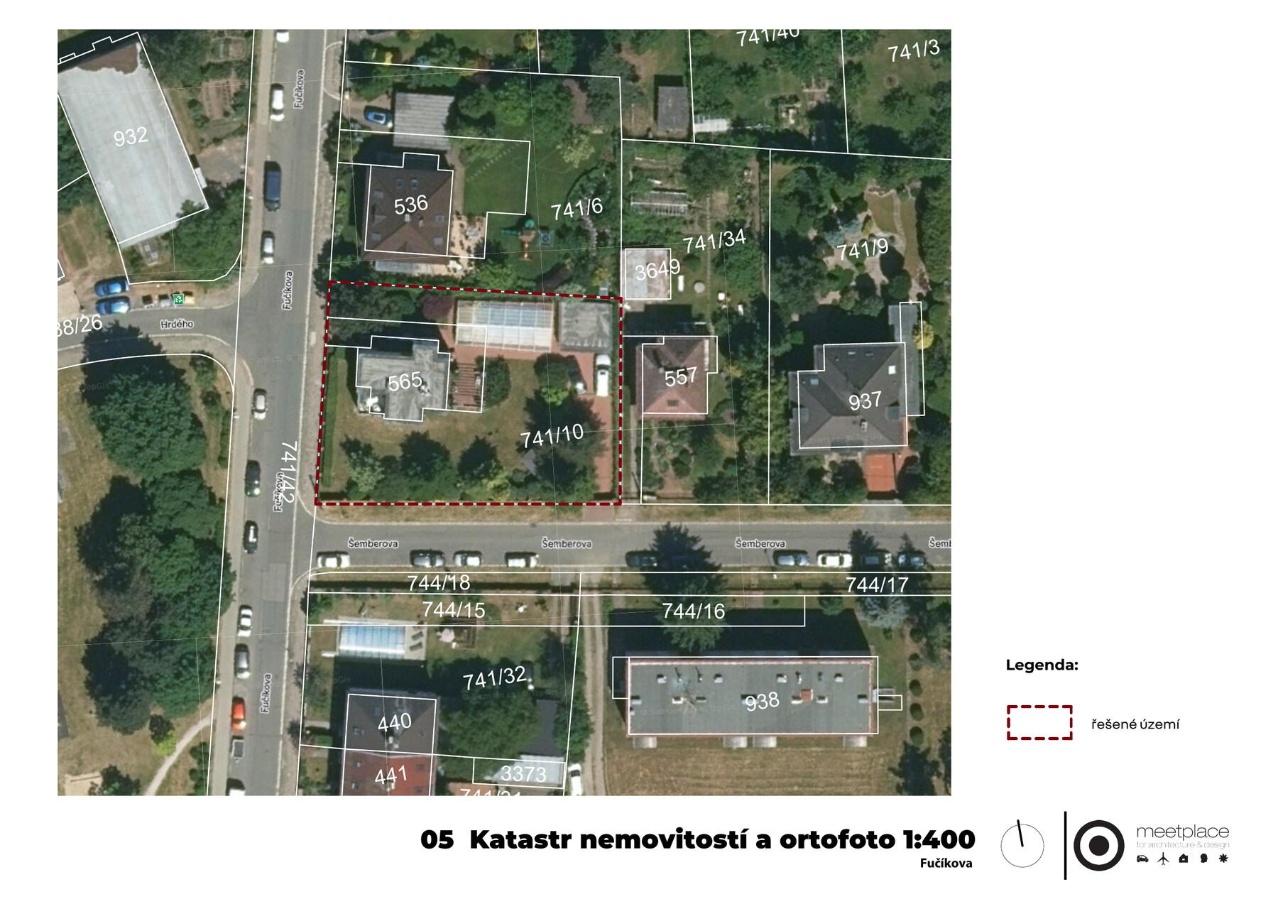 Ortofoto a katastrální situace současného stavu pozemků v ulici Fučíkova