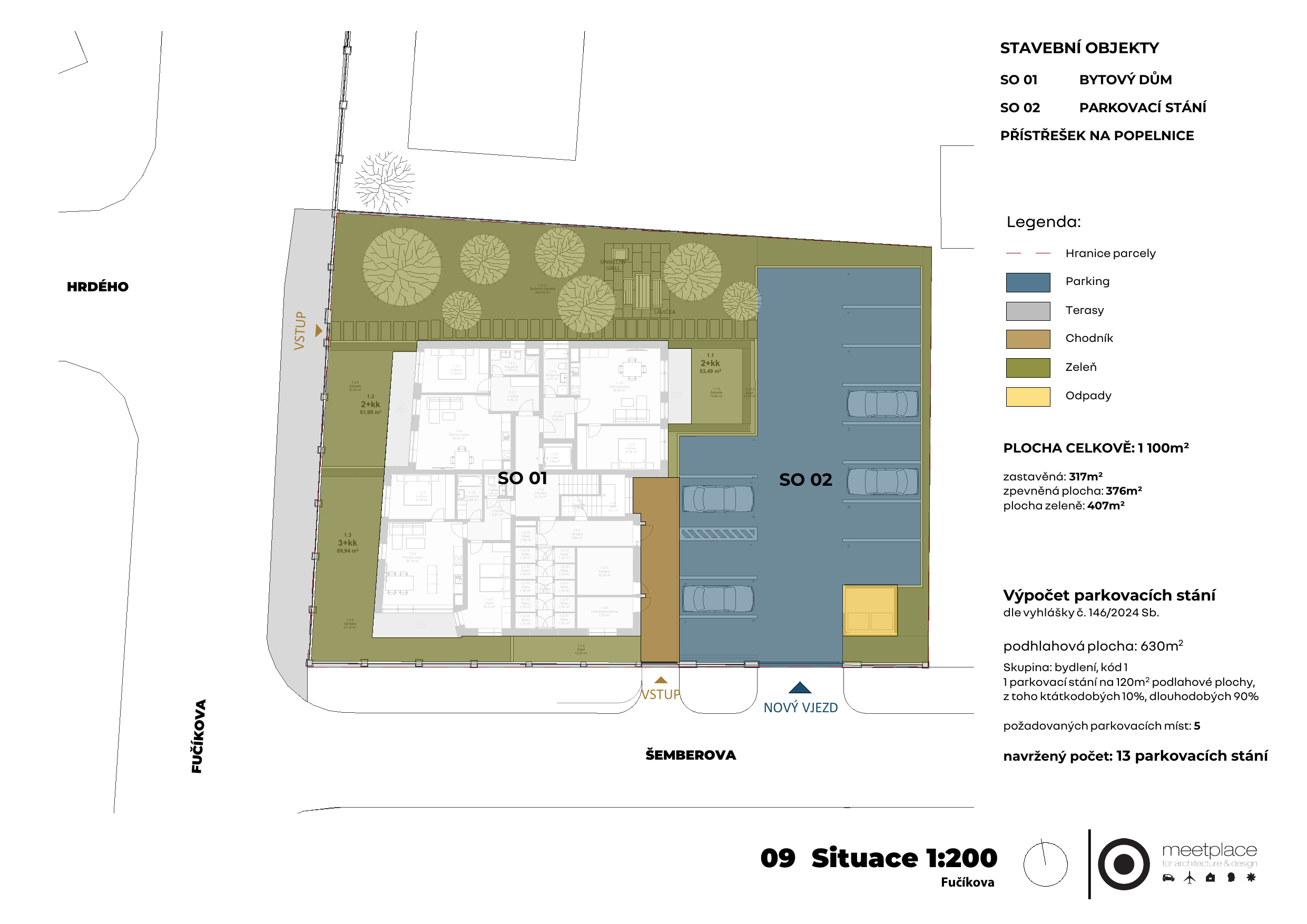 Situace 1:200 – rozmístění bytového domu, parkovacích stání a zeleně na pozemku