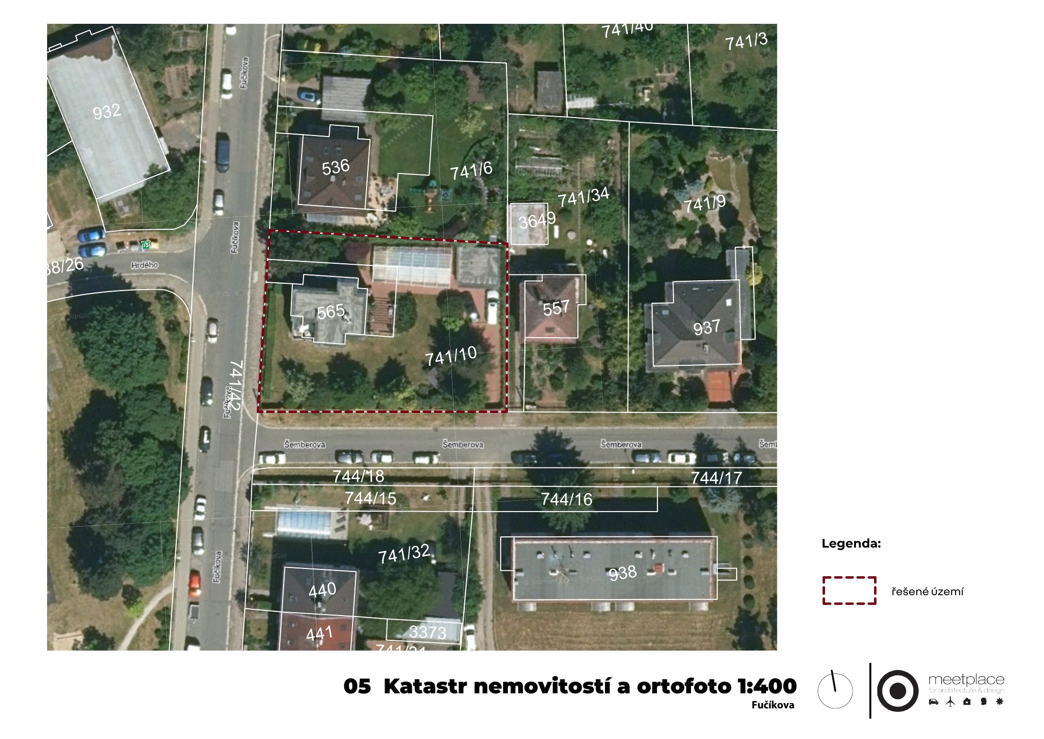 Současný stav – katastrální mapa a ortofoto. Zdroj: Architektonická studie meetplace 07/2026, str. 05.