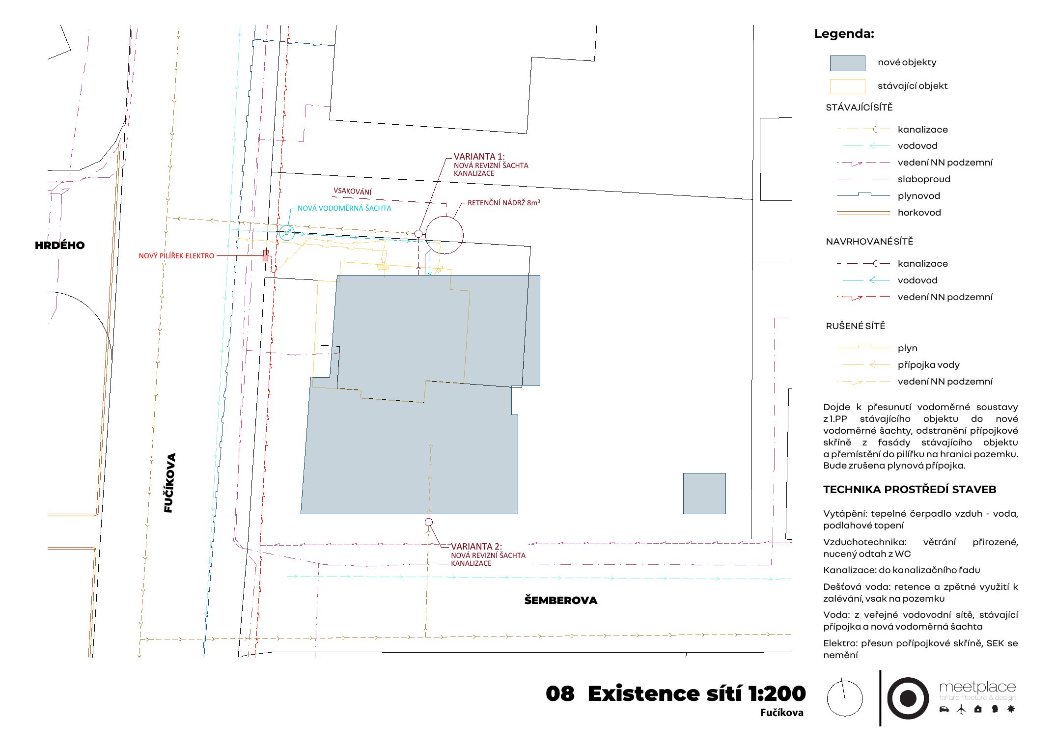 Stávající technická infrastruktura. Zdroj: Architektonická studie meetplace 07/2026, str. 08.