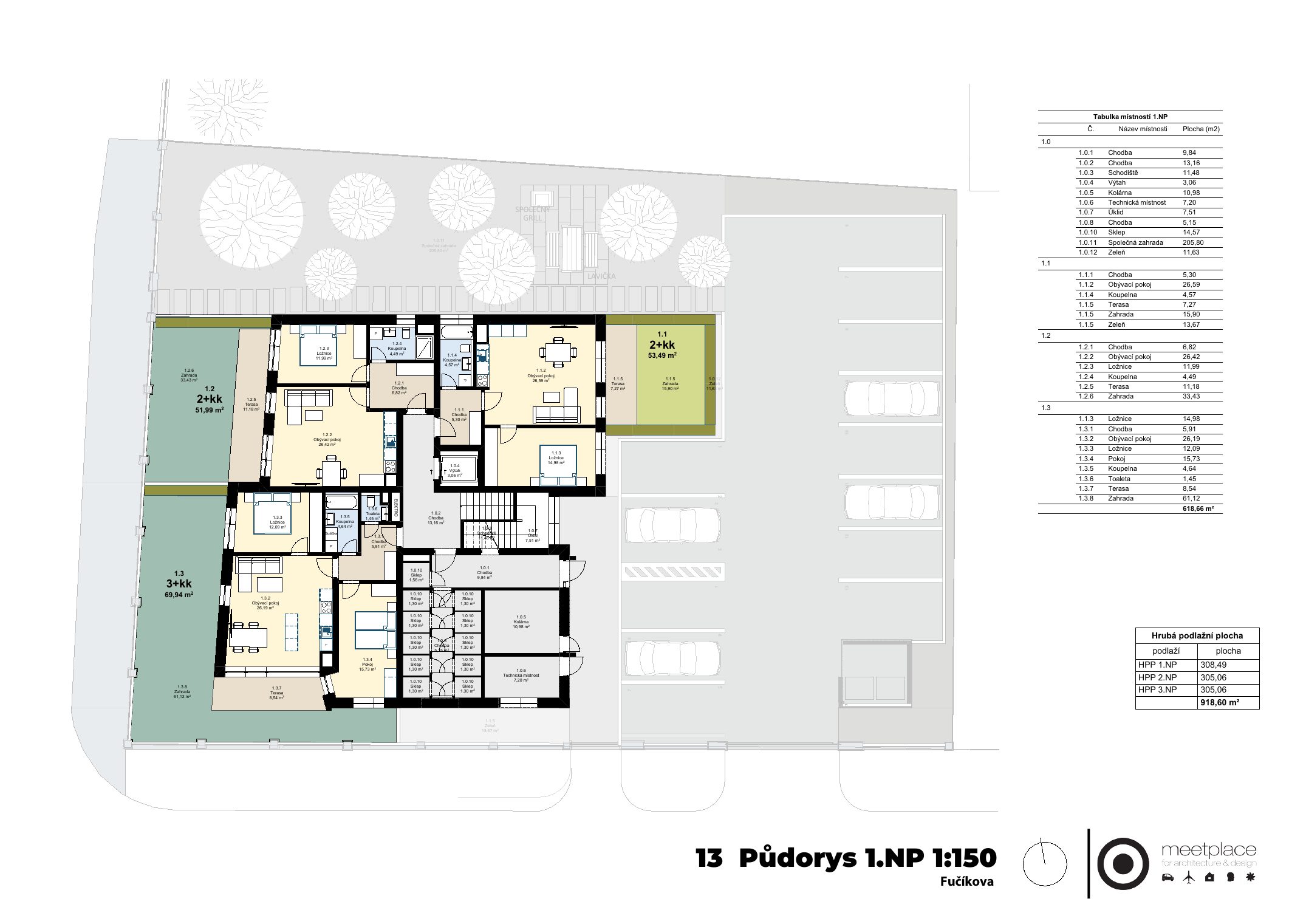 Půdorys 1. NP s tabulkou HPP. Zdroj: Architektonická studie meetplace 07/2026, str. 13.